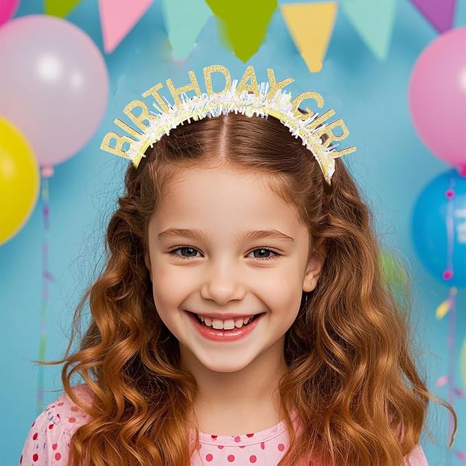 Jaciya Birthday Girl Glitter Headband for Women Girls Sparkling Gold Party Hair Accessories with Confetti Tinsel