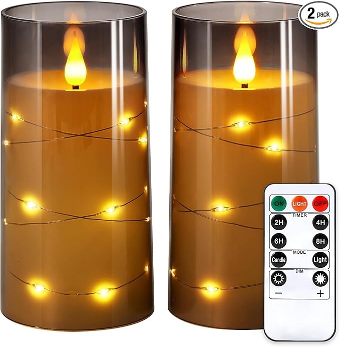 NURADA Flickering Flameless Candles: Built-in Star String Lights 3D Wick Acrylic Battery Operated LED Pillar Candles with Remote and Timer for Wedding Birthday Christmas Decor - Gray 2 Pack