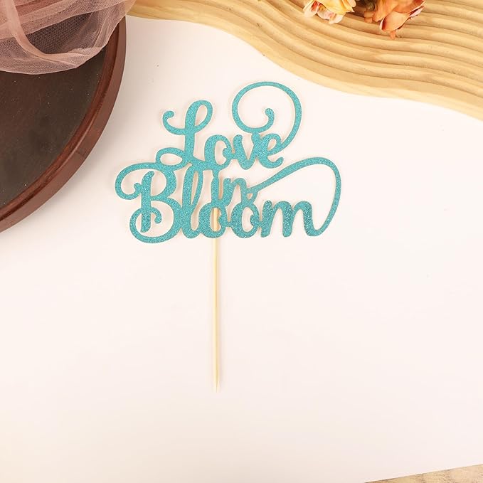 Love in Bloom Cake Topper - Glitter Light Blue Bridal Shower Cake Decoration, Wedding & Engagement Cake Pick (Light Blue)