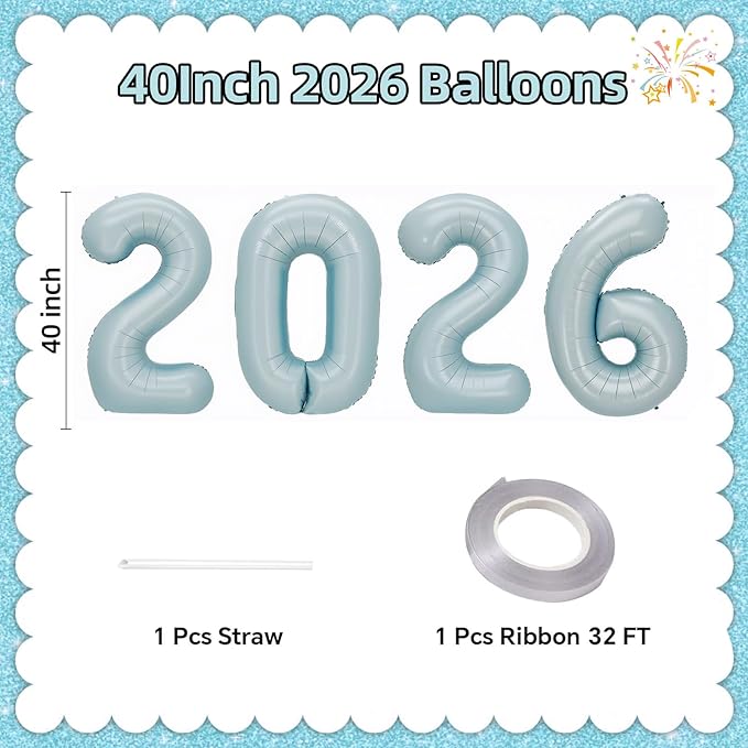 KALOR 42 Inch 2026 Pastel Blue Foil Mylar Number Balloons, Giant 2026 New Years Decorations for 2026 Happy New Year Eve and Graduations Party Supplies