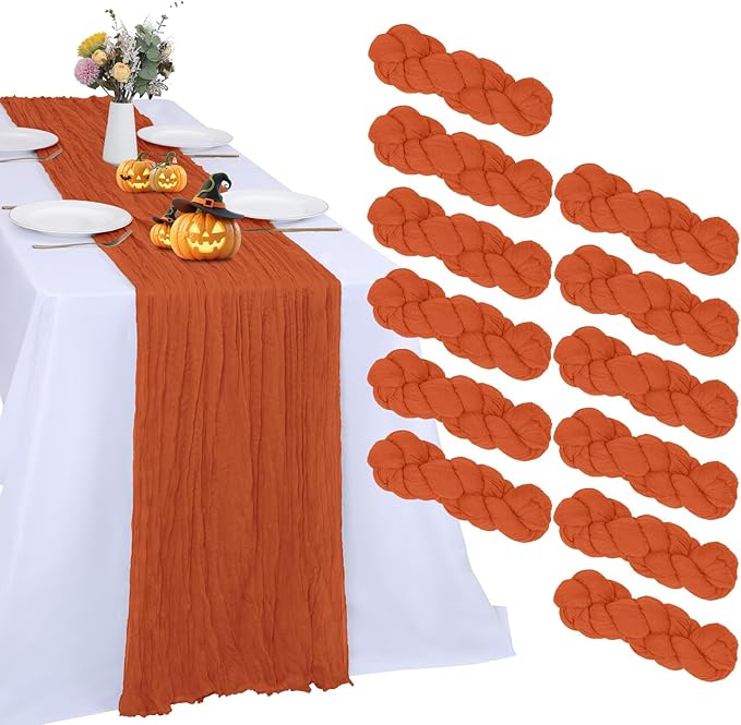 12 Pack Fall Table Runner Orange Cheesecloth 10FT Boho Gauze Fabric Table Runner 35 x 120 Inch Rustic for Thanksgiving Wedding Decor Holiday Party Boho Decoration(Orange)