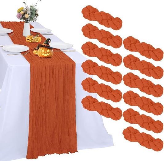 12 Pack Fall Table Runner Orange Cheesecloth 10FT Boho Gauze Fabric Table Runner 35 x 120 Inch Rustic for Thanksgiving Wedding Decor Holiday Party Boho Decoration(Orange)
