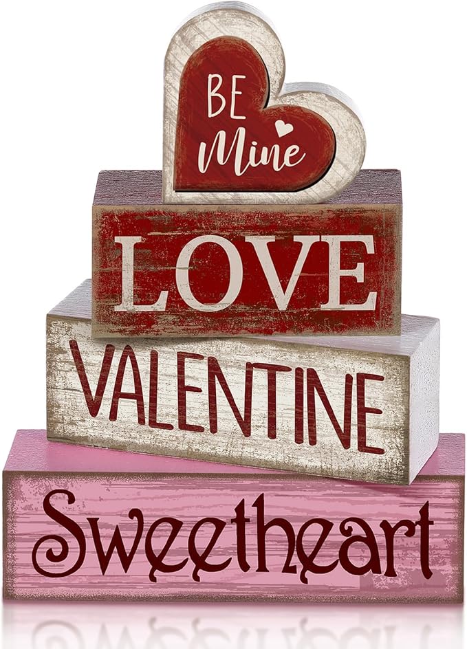 4 Pcs Valentine Table Decor Wooden Red Love Decoration, Valentine's Day Be Mine Centerpiece, Valentine Tiered Tray Decor Red Heart Block Signs Gift for Farmhouse Home Kitchen
