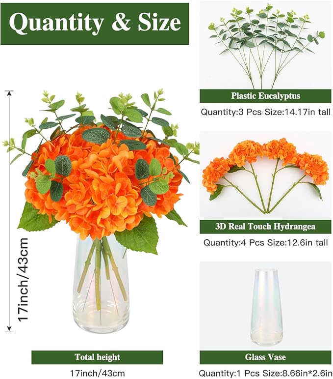 Tifuly Fake Hydrangea Artificial Flowers with Vase 4pcs Real Touch Faux Hydrangea and 3pcs Eucalyptus Stems for Wedding Centerpiece Home Party Table Decoration（Orange）