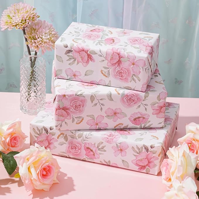 ZINTBIAL Pink Floral Wrapping Paper Roll - Watercolor peonies and leaves Design, 17 Inches x 16.5 Feet, Gift Wrap for Wedding, Bridal Shower, Birthday, Mother's Day, Cut Lines on Back