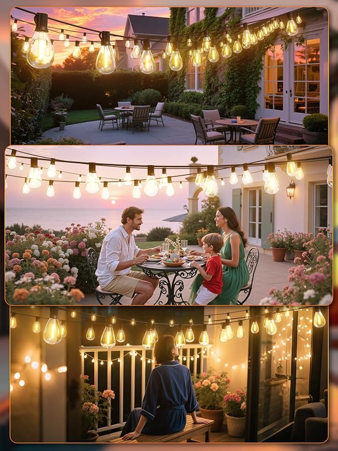 luckystyle 50FT LED Outdoor String Lights with Remote,16+ 1 Shatterproof Bulbs Waterproof and Dimmable Patio Lights for Porch, Garden, Backyard, Deck, Balcony, 2700K, Hanging Lighting