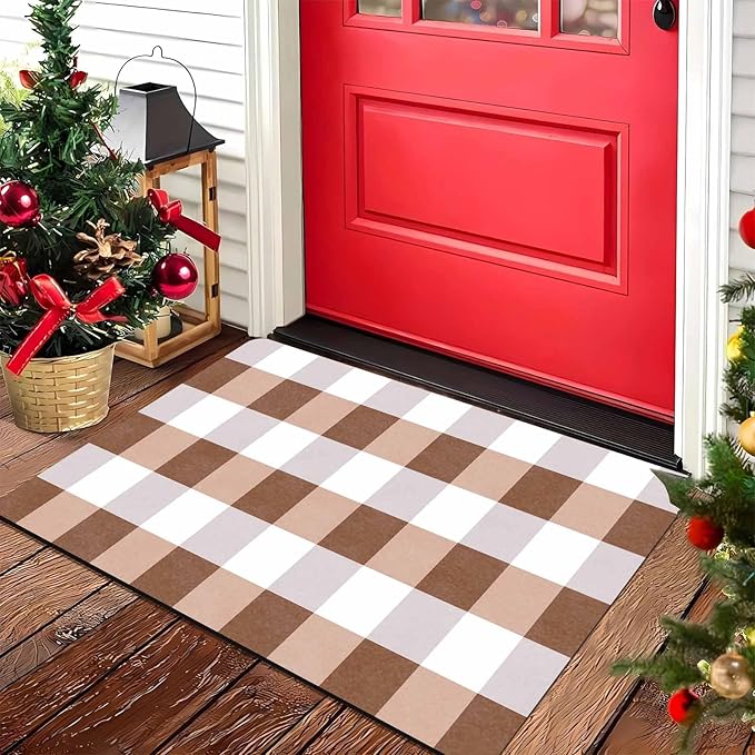 Fall Door Mat Orange and Black Buffalo Plaid Welcome Doormat Farmhouse Floor Mat Non-Slip Entrance Hello Rug Door Rugs for Indoor Outdoor Home Decor