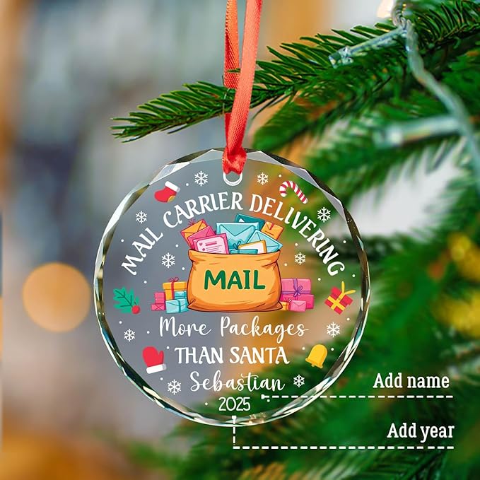 Personalized Mailman Ornaments Christmas 2025, Mail Carrier Delivering More Packages Than Santa Glass Ornament, Xmas Tree Decoration for Mailman Postal Worker & Driver, Custom Name & Year Ornaments