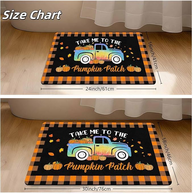Thanksgiving Door Mat Fall Welcome Mat for Front Door, Autumn Pumpkins with Truck Buffalo Plaid Seasonal Non Slip Doormat for Entrance Entryway Outside Thanksgiving Farmhouse Decor, 30"x18"inch