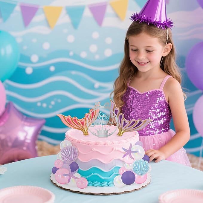 BEISHIDA 27pcs Mermaid Theme Birthday Cake Decorations 3D Tails, Silver Happy Birthday Cake Topper, Seashells & Starfish for Under The Sea Decorations Ocean Mermaid Party for Girls