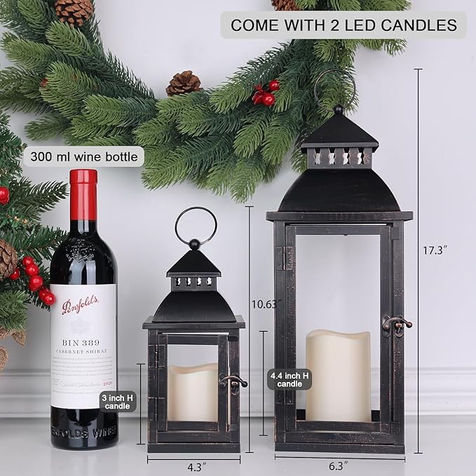 DECORKEY LED Lanterns Decorative Outdoor&Indoor, Set of 2 (17’’&11’’) Large Black Metal Lantern Decor with bronze brush, Candle Holder for Porch, Patio, Garden, Balcony, Wedding Decorations (No Glass)