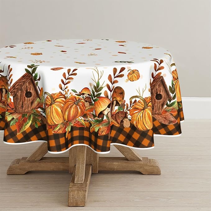 Horaldaily Fall Tablecloth 70x70 Inch Round, Thanksgiving Autumn Harvest Pumpkin Mushroom Orange Buffalo Plaid Table Cover for Party Picnic Dinner Decor
