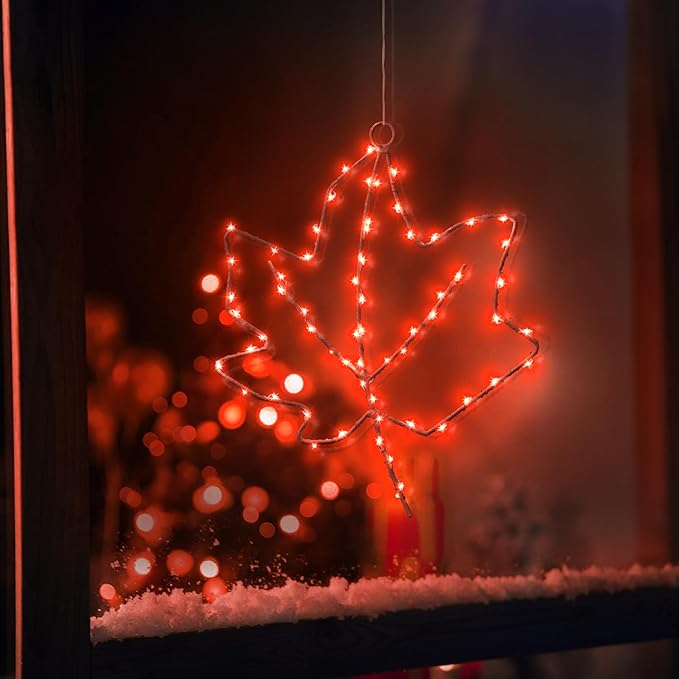 BlcTec Thanksgiving Window Lights 2 Pack 10Inch Maple Leaves Lights with Suction Cups, Timer, Battery Operated Metal Frame Window Lights for Fall Harvest Thanksgiving Decorations, Red