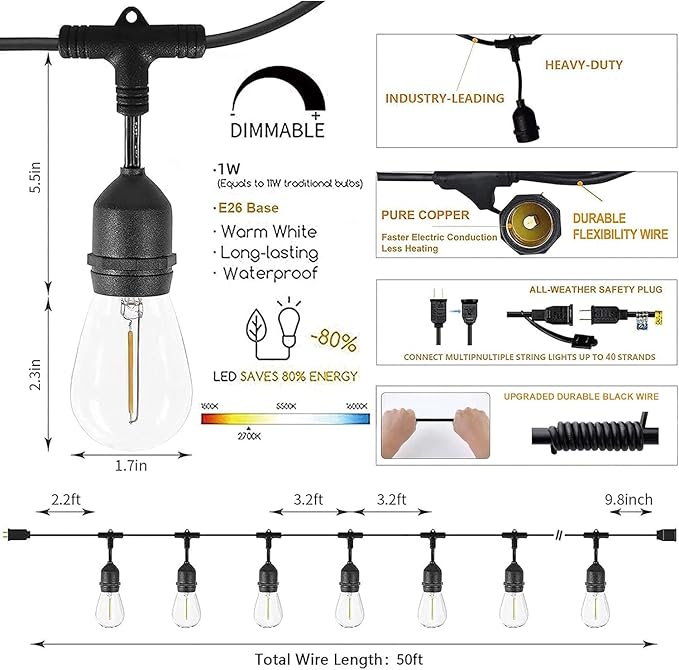 Svater Outdoor String Lights Led 105FT, Commercial Grade Patio Light with 1W Dimmable S14 Shatterproof Bulbs, ETL Listed Heavy-Duty Outside Waterproof Cafe Bistro Market Lighting Warm White