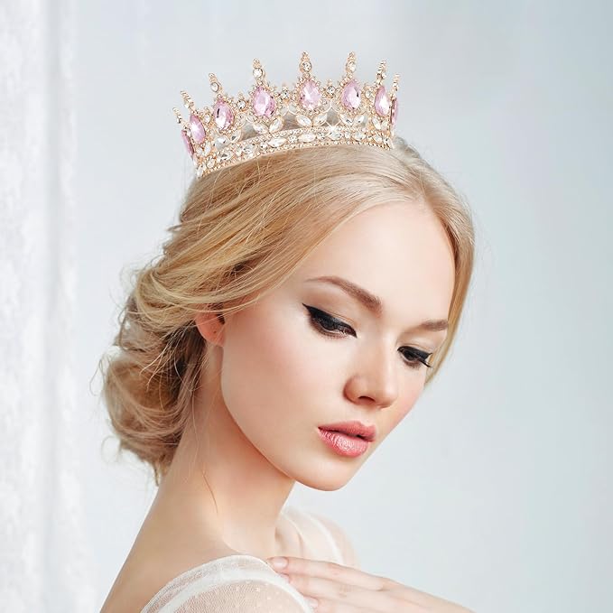 Queen Crown Rhinestone Wedding Crowns and Tiaras for Women Costume Party Hair Accessories Princess Birthday Crown Crystal BridalCrown(Rose Gold Pink Crown)
