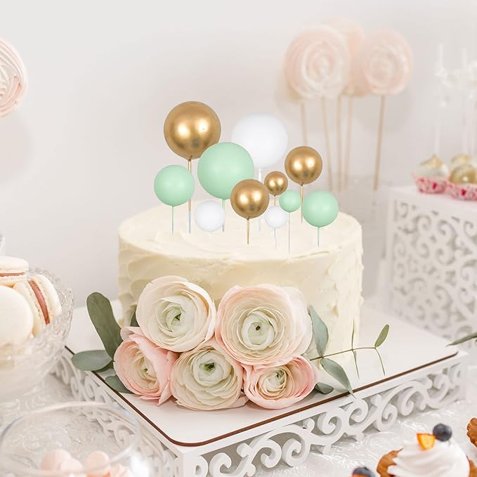 Gyufise 30Pcs Balls Cake Topper Mini Balloons Cupcake Topper DIY Cake Insert Topper Foam Cake Balls Baking Decoration for Wedding Anniversary Valentines Day Birthday Party Green Gold White