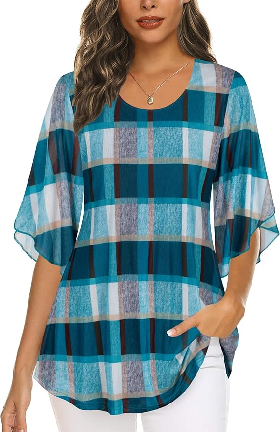 Ninedaily Women's Tops 3/4 Sleeve Blouses Dressy Casual Double Layers Mesh Tunic Shirts