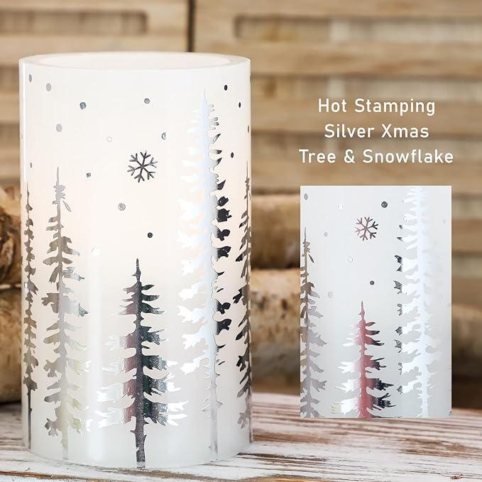 Christmas Flameless Candles, Battery Operated, Hot Stamping Silver Xmas Tree LED Flickering Candles with Remote and Timer, Holiday Decorative Pillar for Xmas, Party, Bedroom