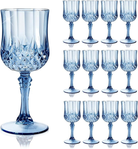 12 Pcs 7 Oz Plastic Goblets for Parties, Blue Plastic Wine Glasses Vintage Champagne Whiskey Crystal Water Goblets for Home, Office, Bars, Wedding, Ribbed (12, Ocean Blue)