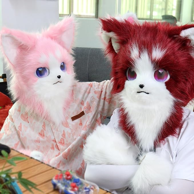 HAOAN Animal Furry Fursuit Head Mask Plush Cat Fox Mask Costume Props for Halloween Party