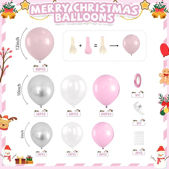 Christmas Balloon Arch Kit, Pink and White Silver Balloons Garland Arch with Double Pearl White Pink Balloons, Candy Cane Windmill Star foil Balloon for Christmas New Year Winter Decorations