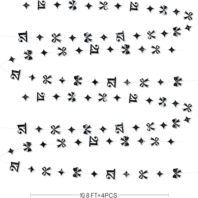 Black 21st Bow Birthday Decorations Glitter Conquette Bow Garland Streamer Banner Backdrop for Girls Boys Happy 21st Birthday Finally Legal Cheers to 21 Years Old Awesome Since 2004 Party Supplies