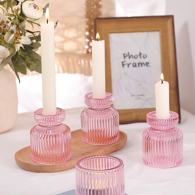 DARJEN 12 Pcs Glass Candlestick Holders- Pink Taper Candlestick Holders Tealight Votive Candle Holders for Table Centerpieces, Wedding, Dinner Party, Home Decor
