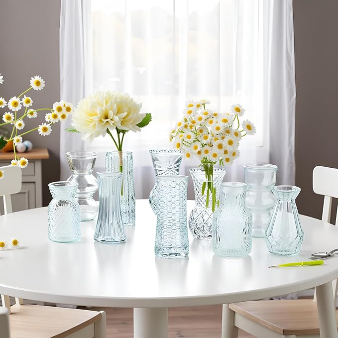 Glass Bud Vase Set of 10: Eylkoi Clear Vases for Centerpieces Decorative, Vintage Embossed in Bulk Crystal Textured Cute, Wedding Decor Mini Flower Floral Vase for Rustic Wedding, Home Table, Party