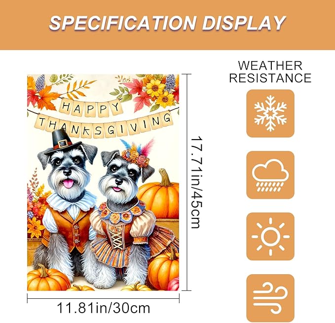 Happy Thanksgiving Garden Flag Dressed Up Schnauzers Pilgrims Pumpkins Autumn Decor 12x18 Inch Double Sided Outdoor Banner For Front Yard Porch Lawn Patio Seasonal Home Decoration Festive