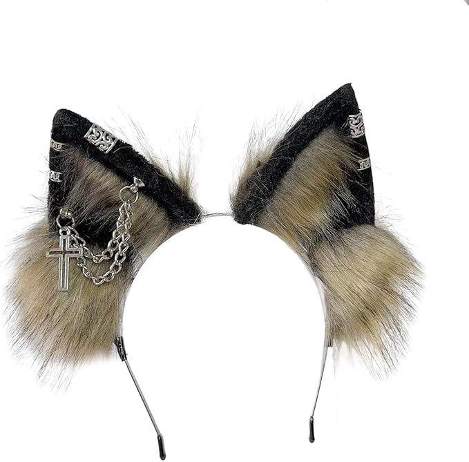 Wolf Ears Tail Set Fox Wolf Headbands Clips Fluffy Cosplay Costumes, Gothic Punk Accessories for Halloween