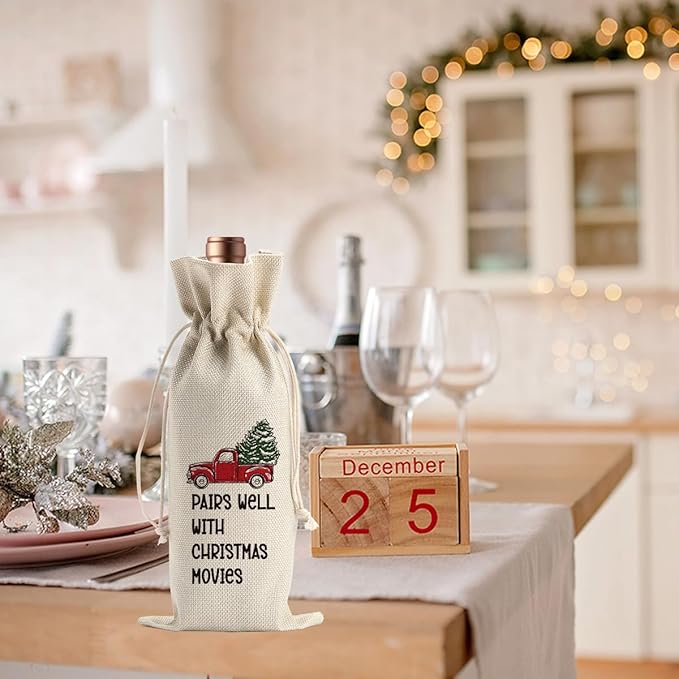 Funny Christmas Wine Bags for Wine Bottles Gifts Christmas Wine Bottle Cover Drawstring Gift Bags Pairs Well with Christmas Movies Burlap Wine Bag for Xmas Holiday Housewarming Party Decorations