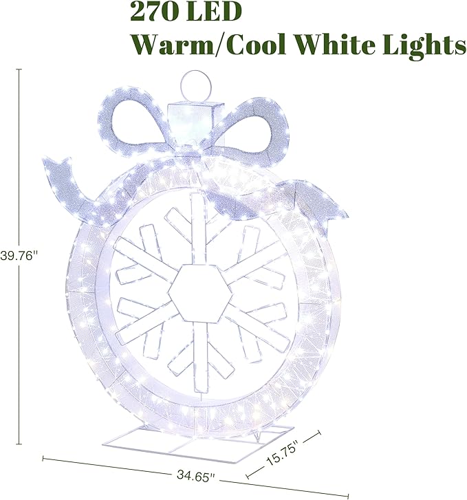 LuxenHome 3FT Lighted Ornament Christmas Outdoor Decorations, Large Light Up Christmas Ornament with Snowflake Yard Decorations Outdoor with 270 LED Lights, Lawn Decor for Xmas, Porch Display