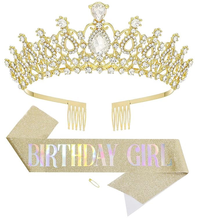 Birthday Tiara and Crown with Sash for Women, Hair Accessories for Wedding Party Costume (B)