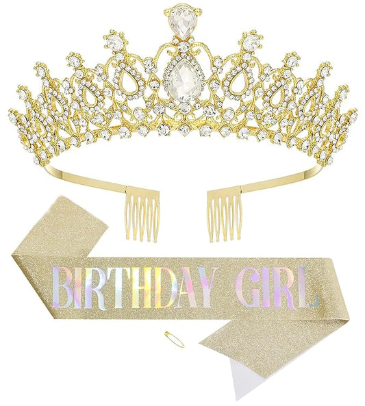 Birthday Tiara and Crown with Sash for Women, Hair Accessories for Wedding Party Costume (B)