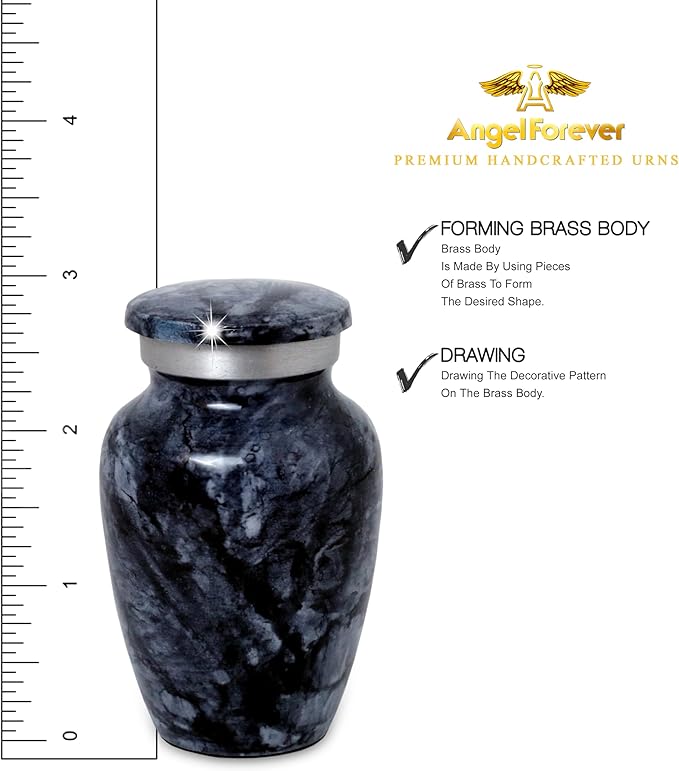 Small Keepsake Urn for Human or Pet Ashes – Handcrafted Dark Black Marble Mini Urn with Velvet Bag & Gift Box | Durable Metal Memorial Token Jar for Baby, Infant, Pet or Loved One – 3 Cu in