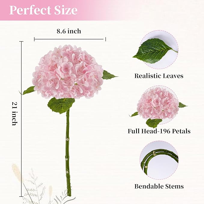 BonBloom's 3 Pcs Pink Hydrangea Artificial Flowers,21" Latex Hydrangeas with Stems,Fake Real Touch Flowers for Wedding Table Centerpieces Floral Arrangement Home Decor