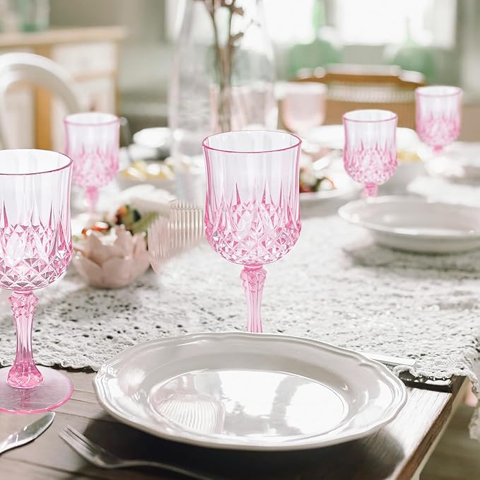 48 PCS Plastic Pink Wine Glasses, Plastic Goblets Pink Vintage Wine Glasses, Reusable Drinkware Vintage Champagne for Parties for Wedding Reception Grand Event Party, 7oz