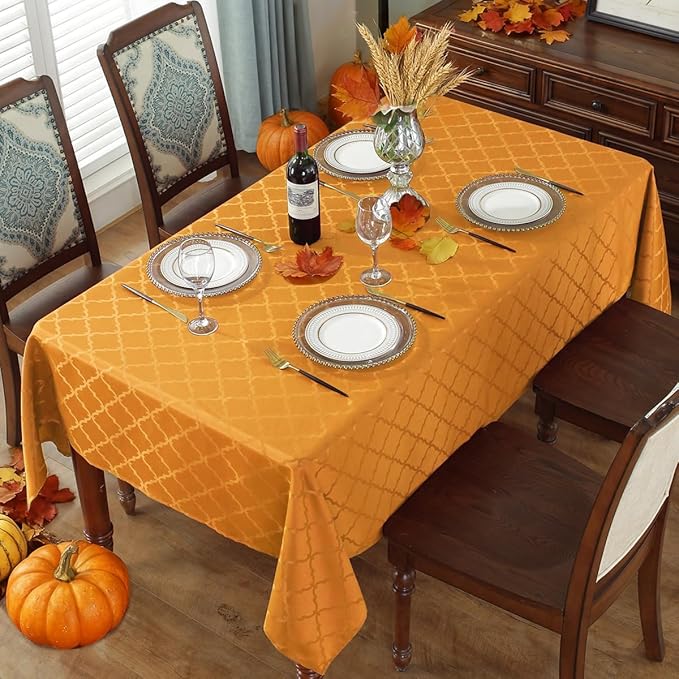 Jacquard Thanksgiving Tablecloth Rectangle Flower Pattern Polyester Table Cloth Spill Proof Wrinkle Resistant Table Cover for Fall, Autumn, Harvest Decor (Rectangle, 60" x 120" (10-12 Seats),Amber)
