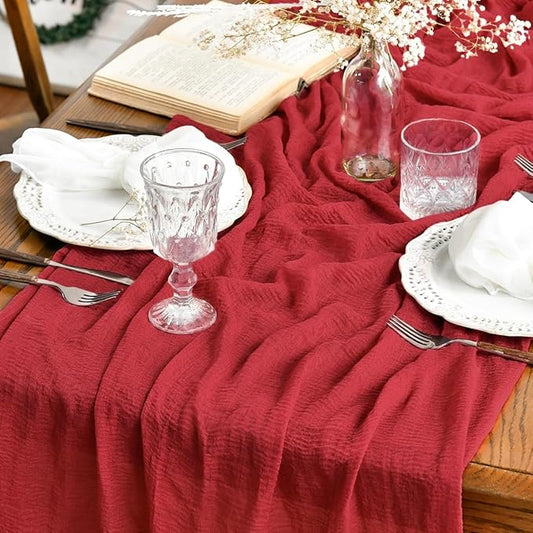 Artoid Mode Boho Cheesecloth Gauze Red Wedding Table Runner, 160 Inch Seasonal Christmas Fabric Kitchen Dining Holiday Table Decor for Home Party Indoor