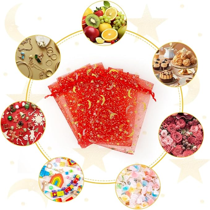 Moon Star Organza Bags 4x6 Small Mesh Bag Drawstring 50 Pcs Mesh Gift Bags Drawstring Pouch Wedding Favor Bags Jewelry Pouches Bulk Gift Pouch for Candy Soaps Birthday Festival Party Supplies, Red