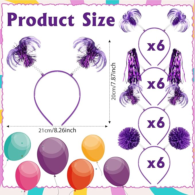 Censen 24 Pcs Pom Pom Headband Tinsel Wrapped Ponytails Head Bopper Costume Headwear Halloween Party Hair Accessories