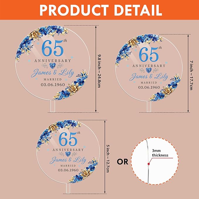 Personalized 65th Anniversary Acrylic Cake Topper, 65 th Wedding Decorations, 65 th Wedding Decor (65th Anniversary - Acrylic Cake Topper)