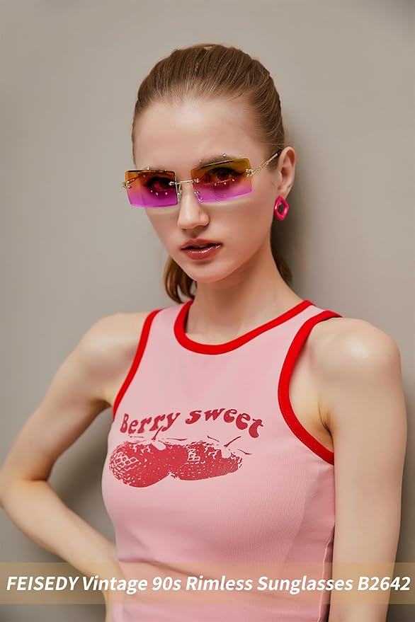 FEISEDY Vintage Rimless Sunglasses Rectangle Frameless Candy Color Glasses Women Men B2642