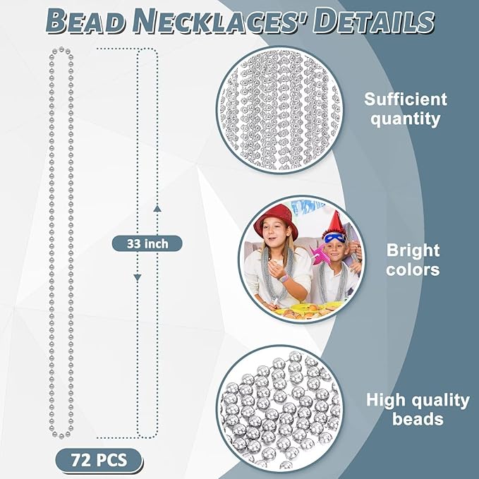 72PCS Bead Necklace, Silver Christmas Bead Necklace Party Favors Bulk, 33" Xmas Necklaces Stuff, Festival Events Parade Throw Accessories for Xmas Mardi Gras Wedding Birthday Celebrations Decor
