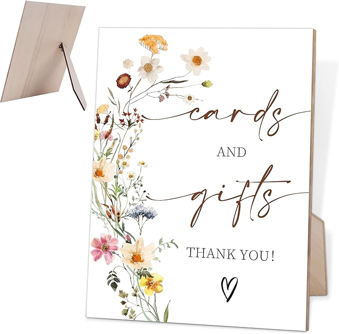 Flower Cards and Gifts Sign, Wedding Decorations for Reception, Bridal Shower Party Decor, Table Centerpieces for Party, Wedding Guest Gifts, 6X8 Inch Wooden Bridal Shower Signs with Stand, 16