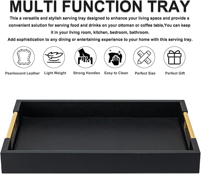 Black Rectangle Serving Tray with Gold Handles for Party,Large Wood Decorative Tray for Ottoman,Faux Leather Coffee Table Tray Decor