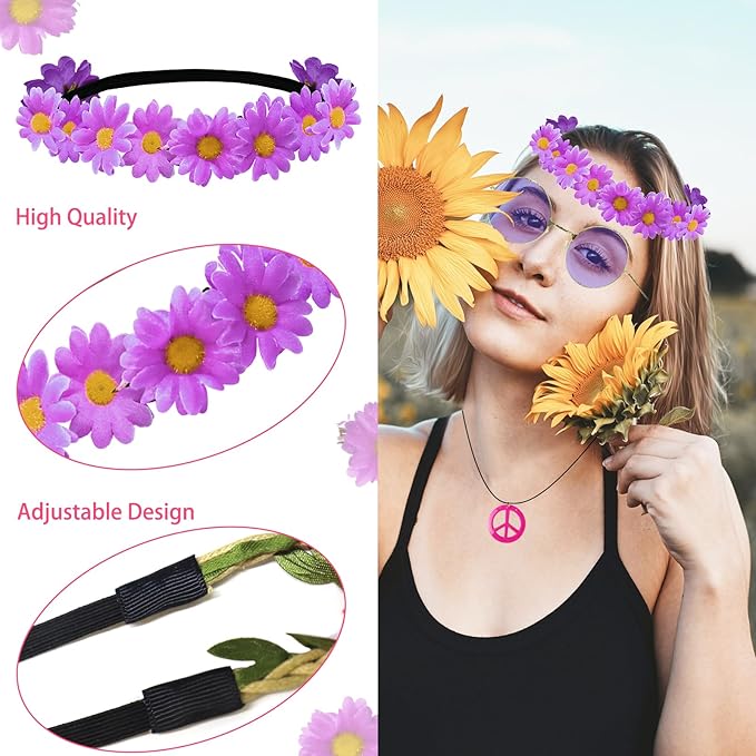 Hippie Costume Set Includes Peace Sign Necklace and Earring, Flower Crown Headband and Sunglasses 60s 70s Party Accessories