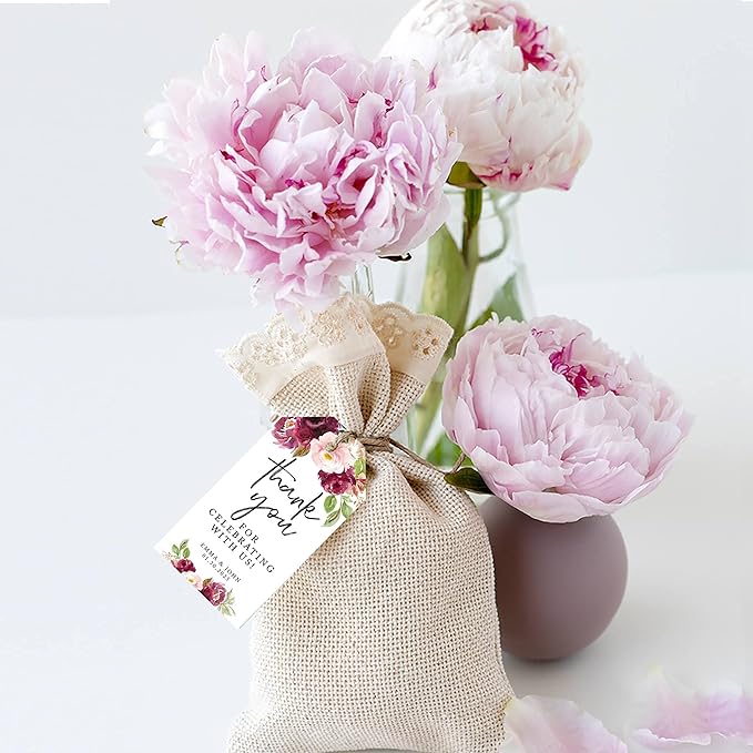 Andaz Press 100-Pack Personalized Fall Burgundy Marsala Wedding Favor Tags with Bakers Twine 2 x 3.75-Inch Tags for Party Favors and Gift Wrap