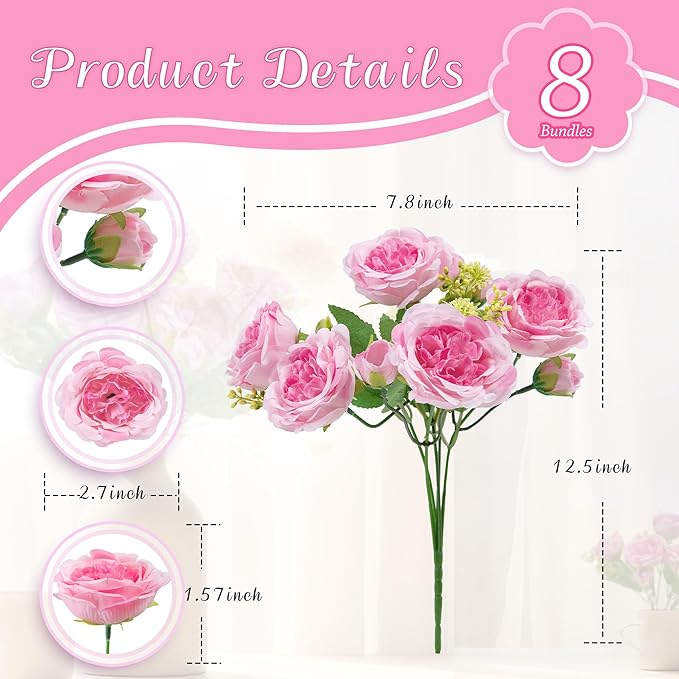 Artificial Peonies Silk Flowers Bouquets: Faux Peony Bouquet 8 Bundles, Fake Peonies Flowers Bulk for Centerpiece Table Wedding Party Home Decor for Vase Decoration (Pink)