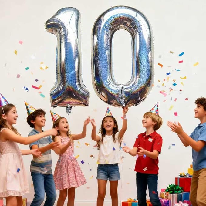 Laser Silver Number 10 Balloons 40 Inch Giant Number Silver 10 Foil Mylar Balloons for 10th Birthday Anniversary Events Party Decorations